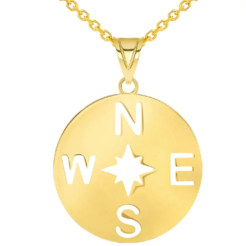 women rope necklaces -14k Yellow Gold Round 8-Point Wind North Star Compass Rose Pendant Rolo Cable Chain Necklace