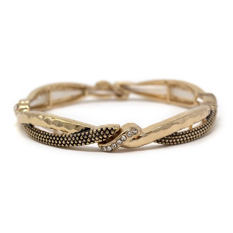 women stacking bracelets -Dotted and Hammered Stretch Bracelet with CZ Gold Tone