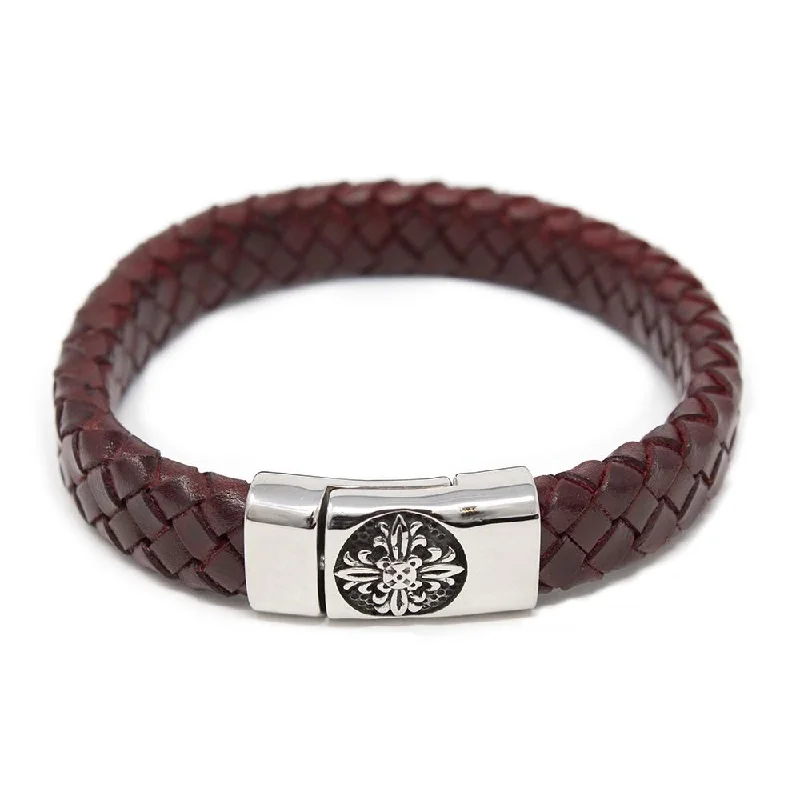 women charm bracelets -Braided Leather Bracelet with Flower Clasp Burgundy Large