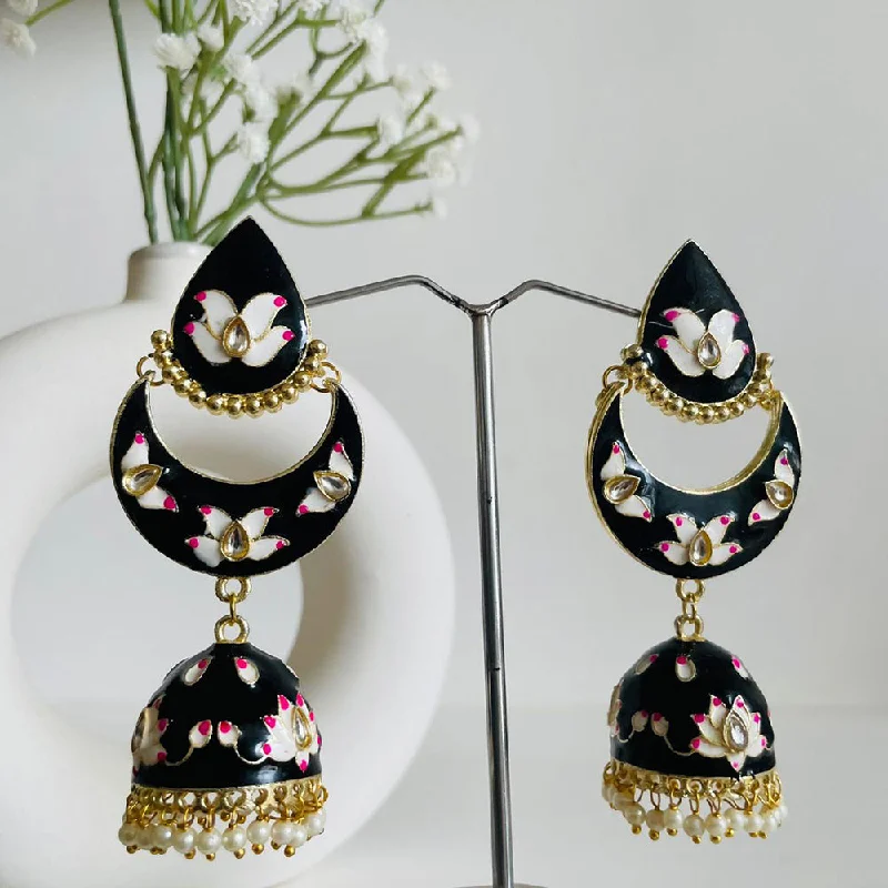 women floral stud earrings -Shagna Gold Plated Meenakari Kundan And Pearl Jhumki Earrings