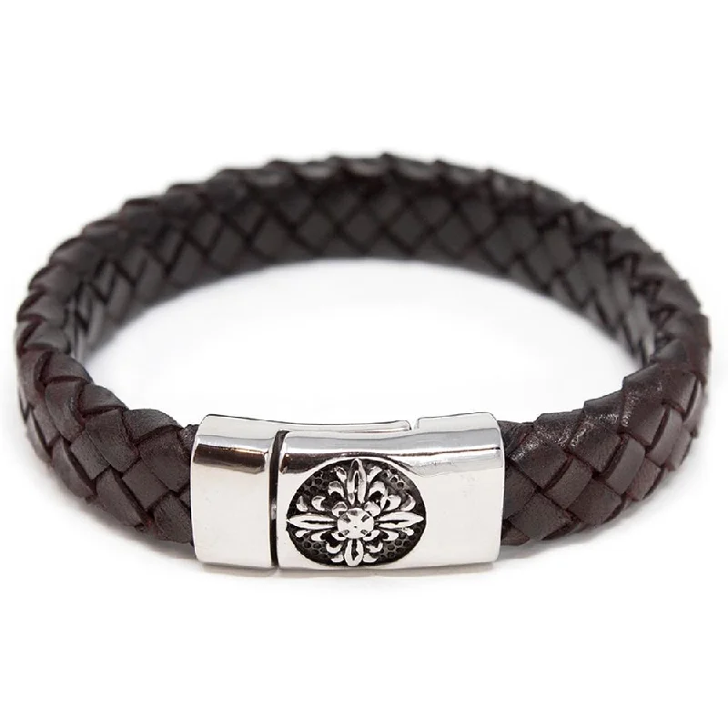 women smooth bangles -Braided Leather Bracelet with Flower Clasp Dark Brown Large