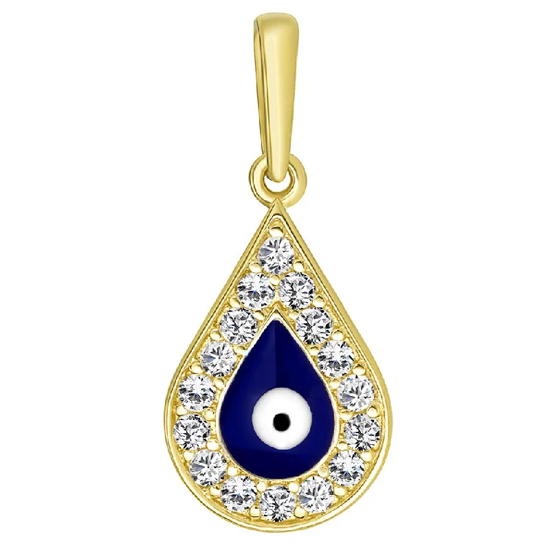 women boho necklaces -14k Yellow Gold Cubic Zirconia Teardrop Blue Evil Eye Charm Pendant