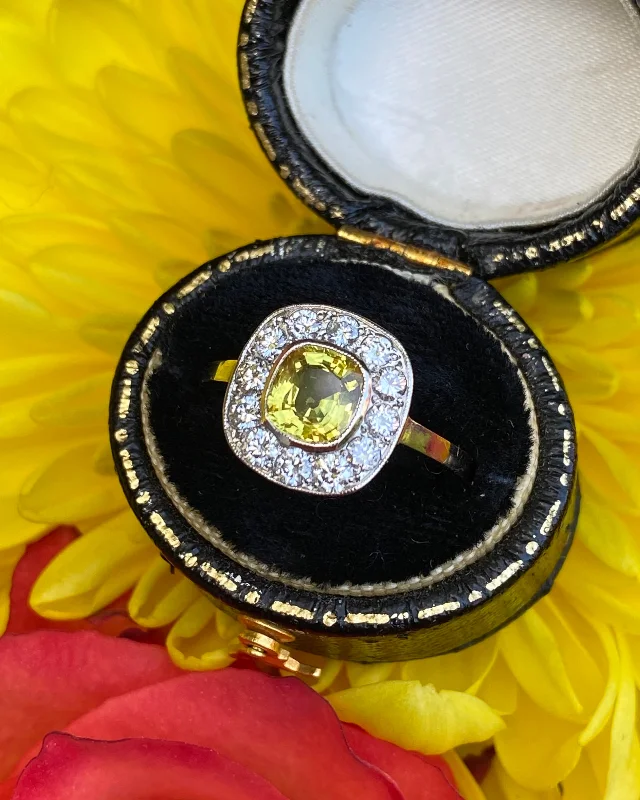 women men’s engagement rings -Art Deco Yellow Sapphire and Diamond Cluster Ring Platinum 0.50ct + 1.25ct