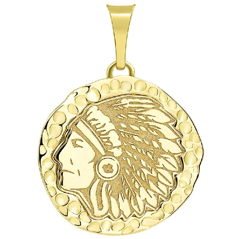 women rhinestone necklaces -14k Gold Hand Engraved Native American Chief Indian Head Round Pendant - Yellow Gold