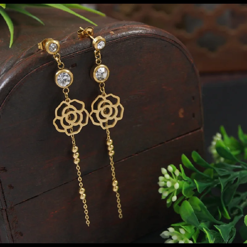 women chic earrings -Tarohi JewelsStainless Steel Gold/Rosegold Plated Floral Dangle Earring- STNER 4115