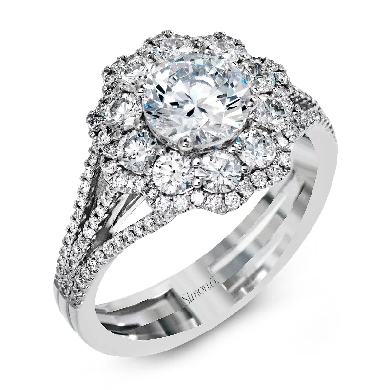 platinum engagement rings -Round-Cut Halo Engagement Ring In 18k Gold With Diamonds