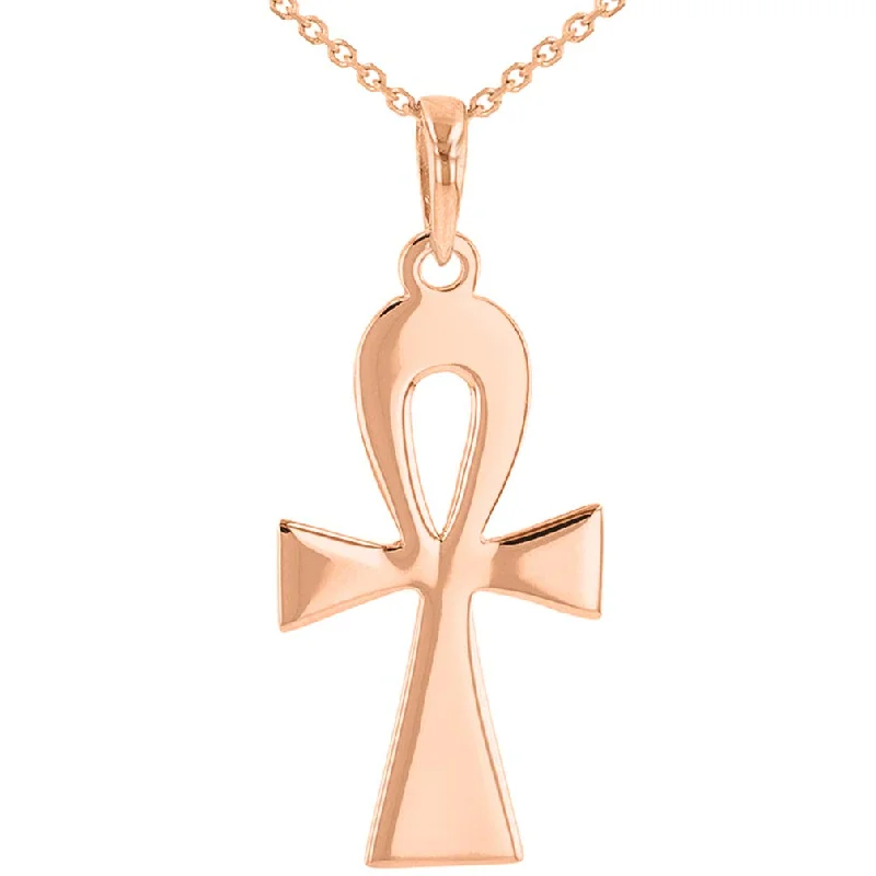 women 18k gold necklaces -Solid 14k Rose Gold Egyptian Ankh Cross Pendant with Rolo Chain Necklace