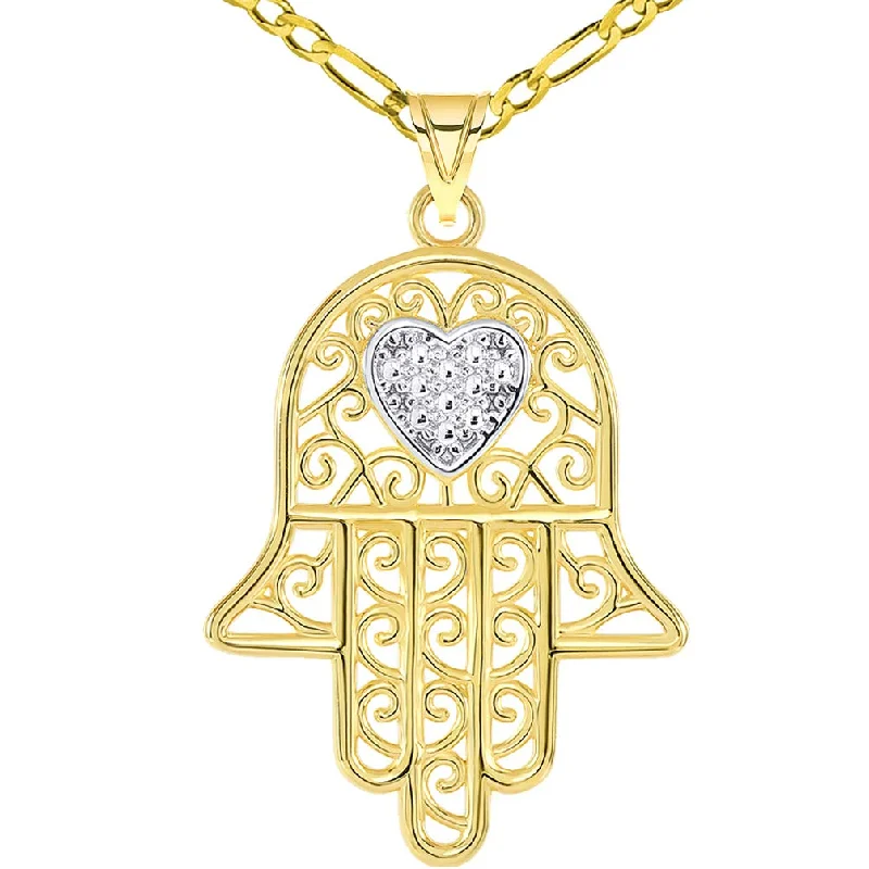 women wedding day necklaces -Solid 14k Yellow Gold Filigree-Style Hamsa Hand with Heart Pendant Figaro Chain Necklace