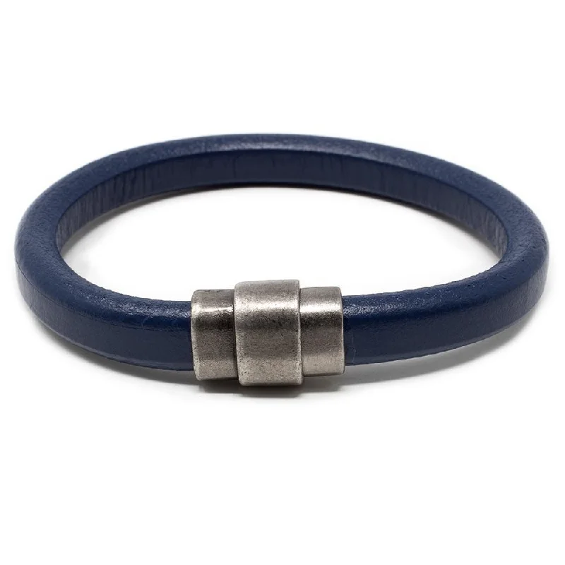 women floral bracelets -Plain Leather Bracelet with Antique Silver Clasp Blue Large