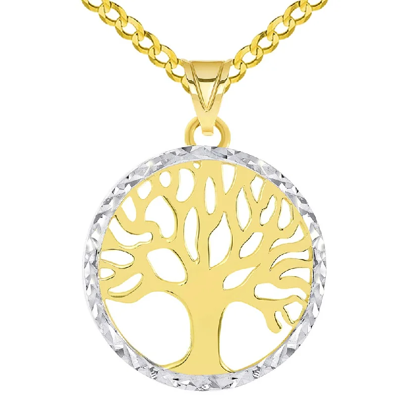 women friendship necklaces -14k Gold Textured and Polished Round Tree of Life Medallion Pendant with Curb Chain Necklace - Yellow Gold