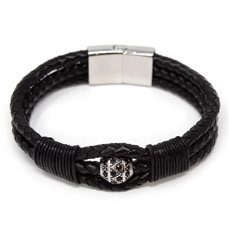 women pearl bracelets -Black Leather Stainless Steel Black CubicZirconia Bead Bracelet