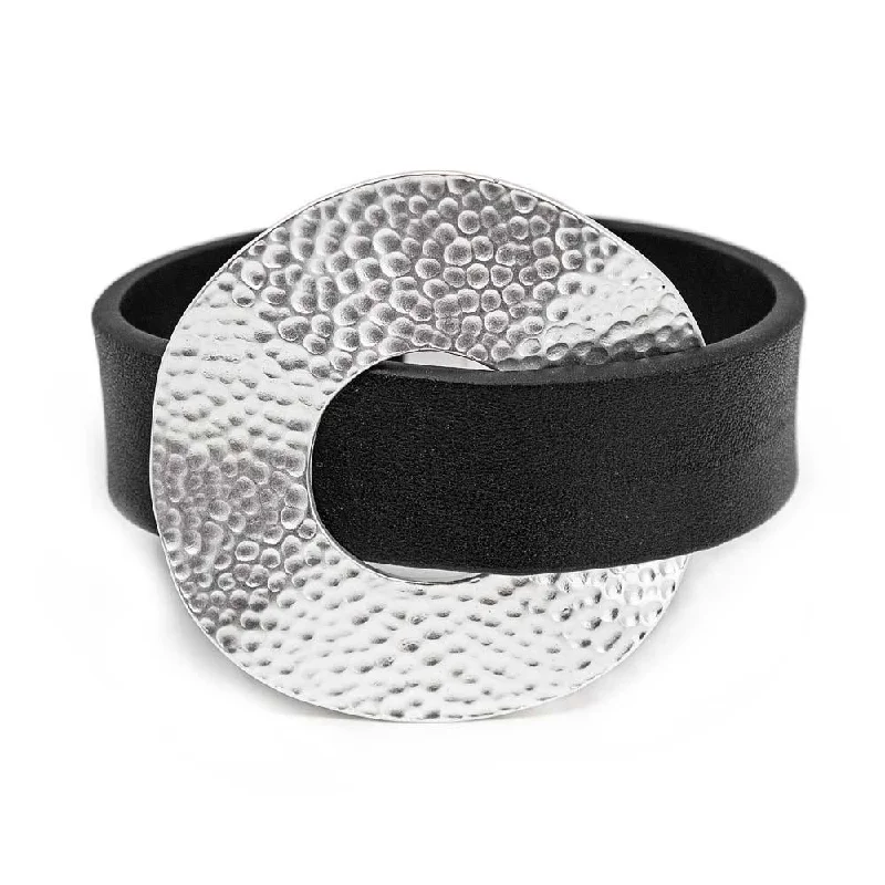 women leather bracelets -Black Leather Bracelet with Hammered Metal Disc Silver Tone