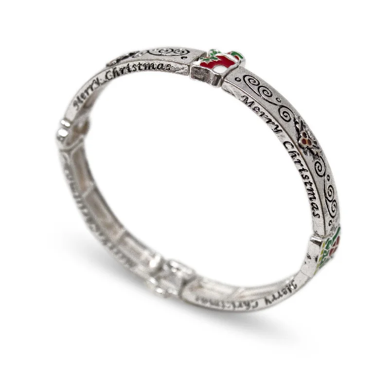 women oval bangles -Stretch Bracelet Christmas Theme Silver Tone