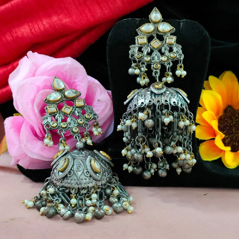 women silver earrings -Blythediva 2 Tone Plated Kundan Stone Ghungroo Jhumki