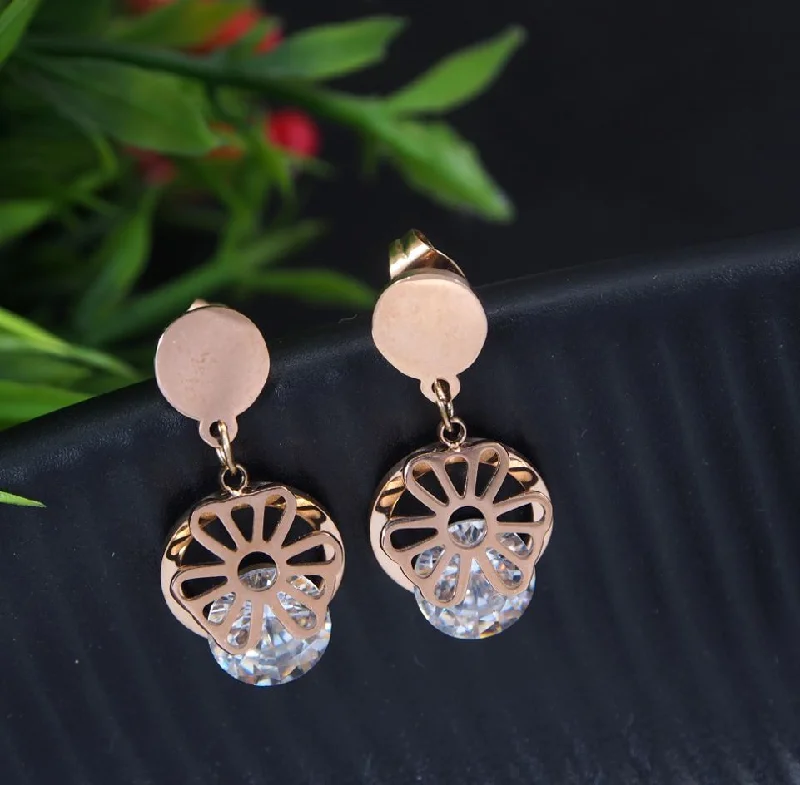 women hoop and stud earrings -Tarohi JewelsStainless Steel Rosegold Plated Floral Stud Earring-STNER 2715