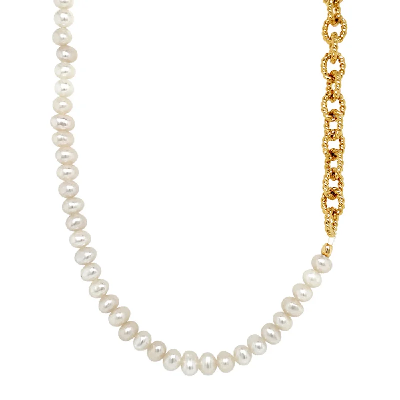 women modern necklaces -Yellow Gold Plate & Pearl Textured Link Necklace - "Charly"