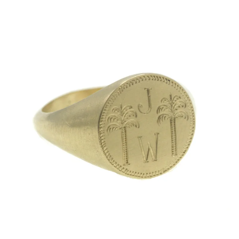 women wedding ring sets -Custom Palm Tree Engraved Signet Ring