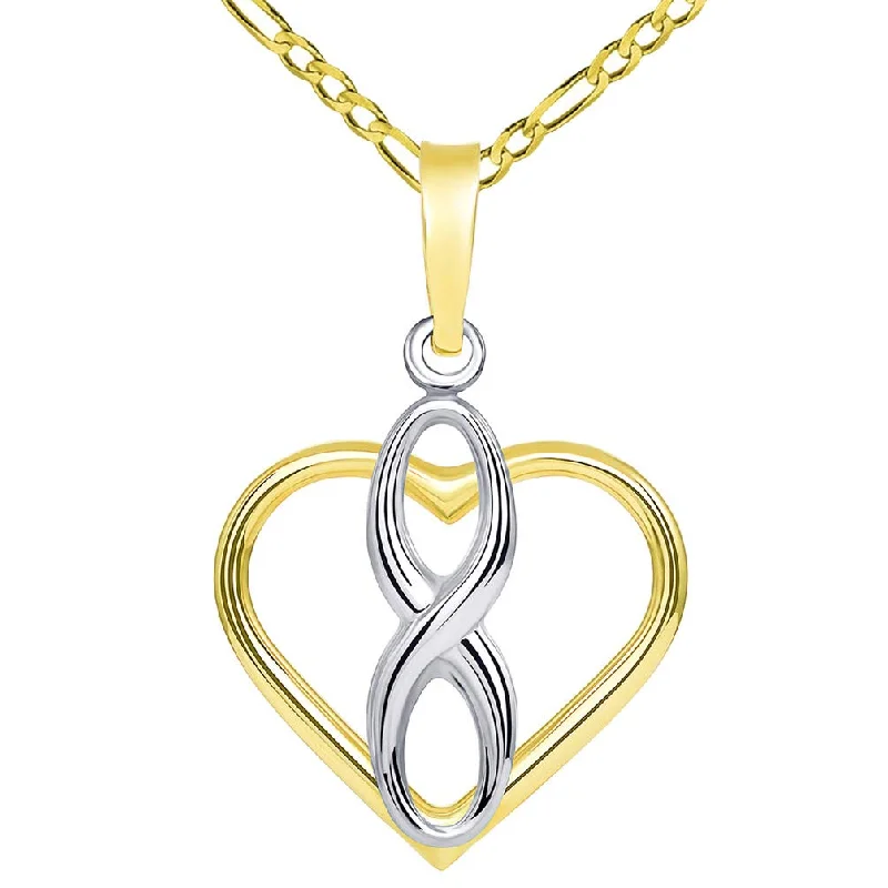 women fashion necklaces -14k Gold Vertical Infinity Sign in Open Heart Pendant with Figaro Necklace - Two-Tone Gold