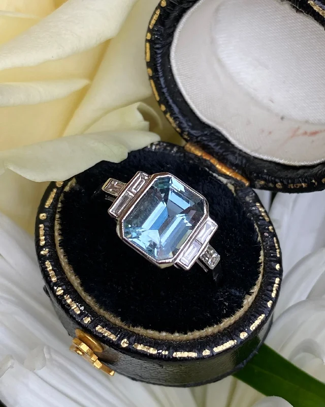 women bold statement rings -Art Deco Aquamarine and Diamond Platinum Ring 0.35ct + 2.70ct