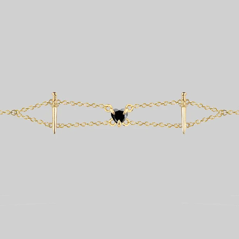 women classic gold necklaces -VINDICATE. Swords & Onyx Heart Choker - Gold