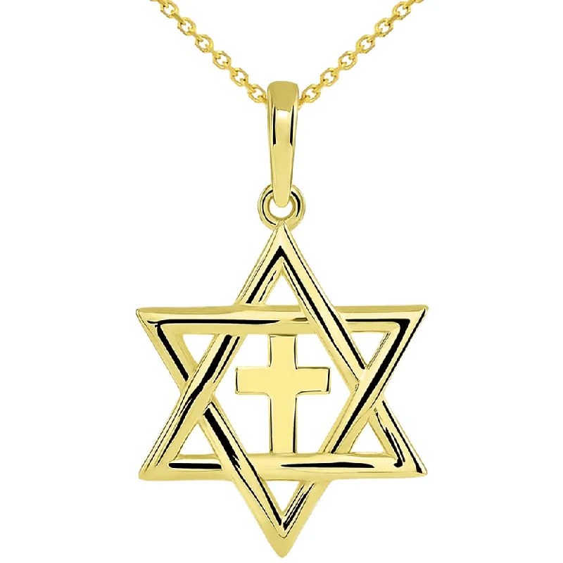 women wedding jewelry necklaces -14k Yellow Gold Jewish Star of David with Religious Cross Judeo Christian Pendant Necklace