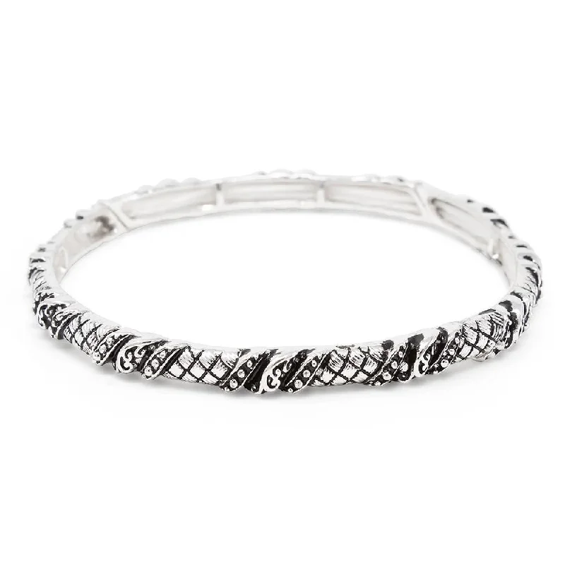 women luxury cuff bracelets -Grid Textured Stretch Bracelet Antique Silver