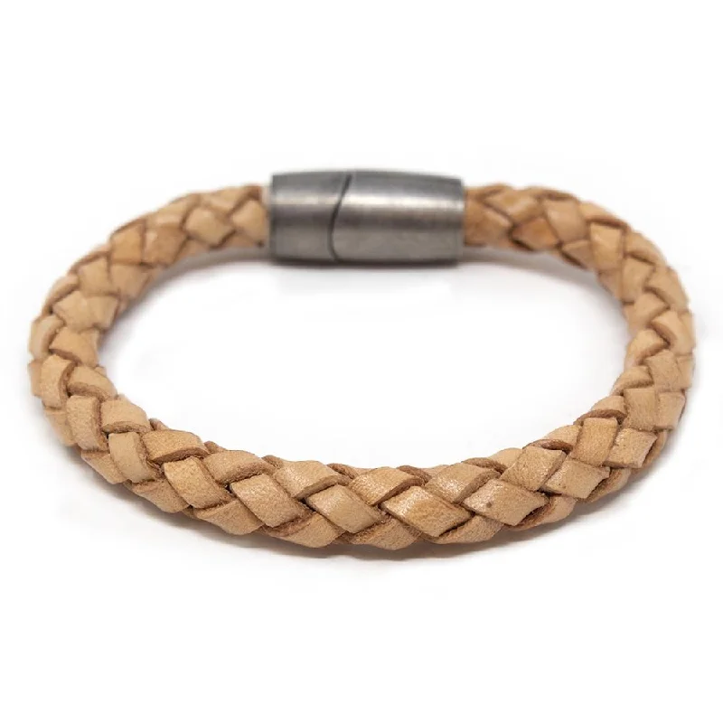 women handmade bracelets -Braided Leather Bracelet with Puzzle Clasp Beige Medium