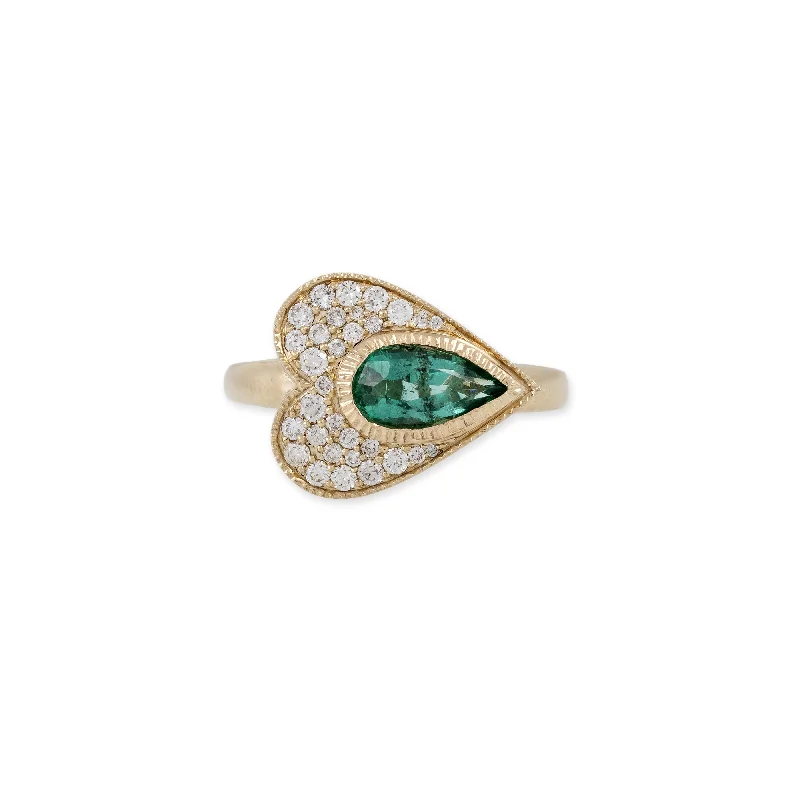 women art deco engagement rings -EMERALD TEARDROP PAVE SIDEWAYS HEART RING