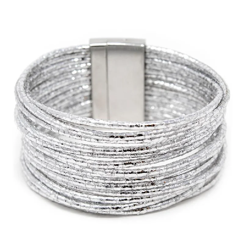 women jewelry bangles -Multi Strand Wide Leather Bracelet Metallic Silver