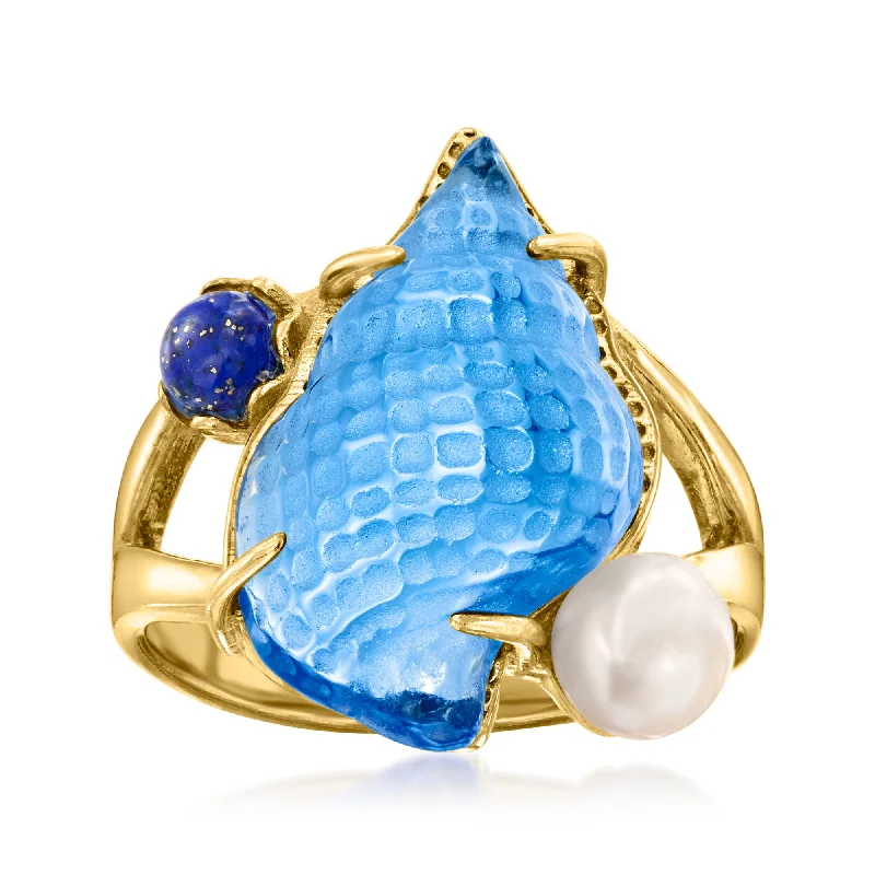 gold engagement rings -Ross-Simons Italian Tagliamonte Blue Venetian Glass Seashell Ring With Lapis and 5.5-6mm Cultured Pearl in 18kt Gold Over Sterling