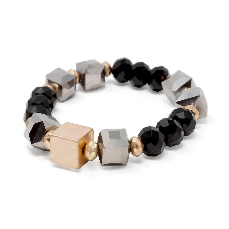 women diamond bracelets -Black Glass Beaded Stretch Bracelet with Gold Tone Cube