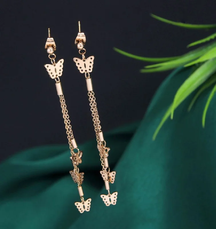 women long drop earrings -Tarohi JewelsStainless Steel Rosegold Plated Butterfly Shaped Chain Earring- STNER 2721