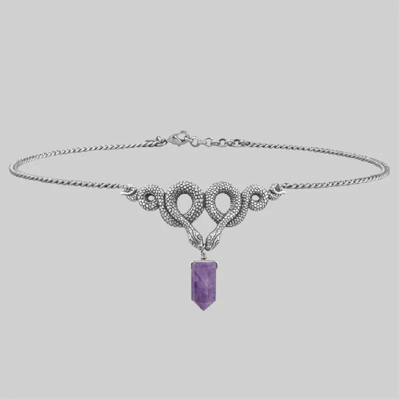 women luxury gold necklaces -A DARK LURE. Snake & Amethyst Gemstone Chain Choker