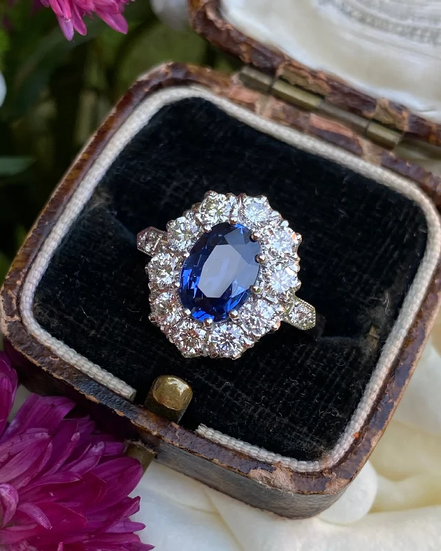 women bold statement rings -Victorian Sapphire and Diamond Cluster Platinum Ring 1.35ct + 2.35ct