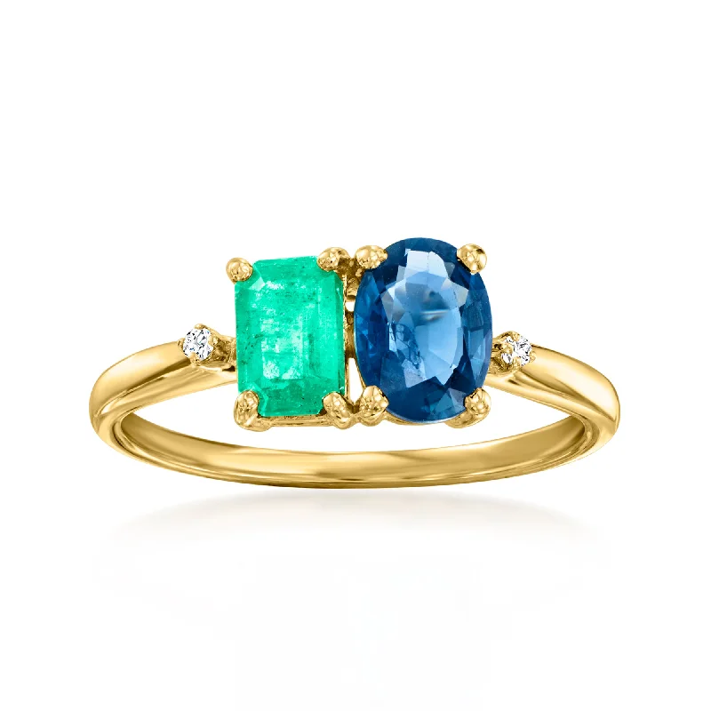 floral engagement rings -Ross-Simons Sapphire and . Emerald Toi Et Moi Ring With Diamond Accents in 14kt Yellow Gold