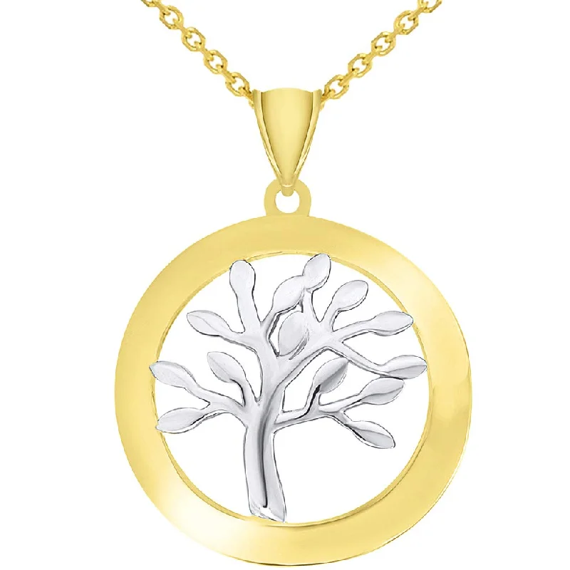 women designer gold necklaces -14k Yellow Gold Dome-Style Two-Tone Tree of Life Medallion Pendant Necklace with Cable, Curb, or Figaro Chain