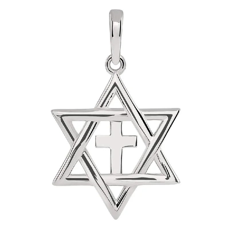 women gold chain necklaces -14k White Gold Jewish Star of David with Religious Cross Judeo Christian Pendant (Small)