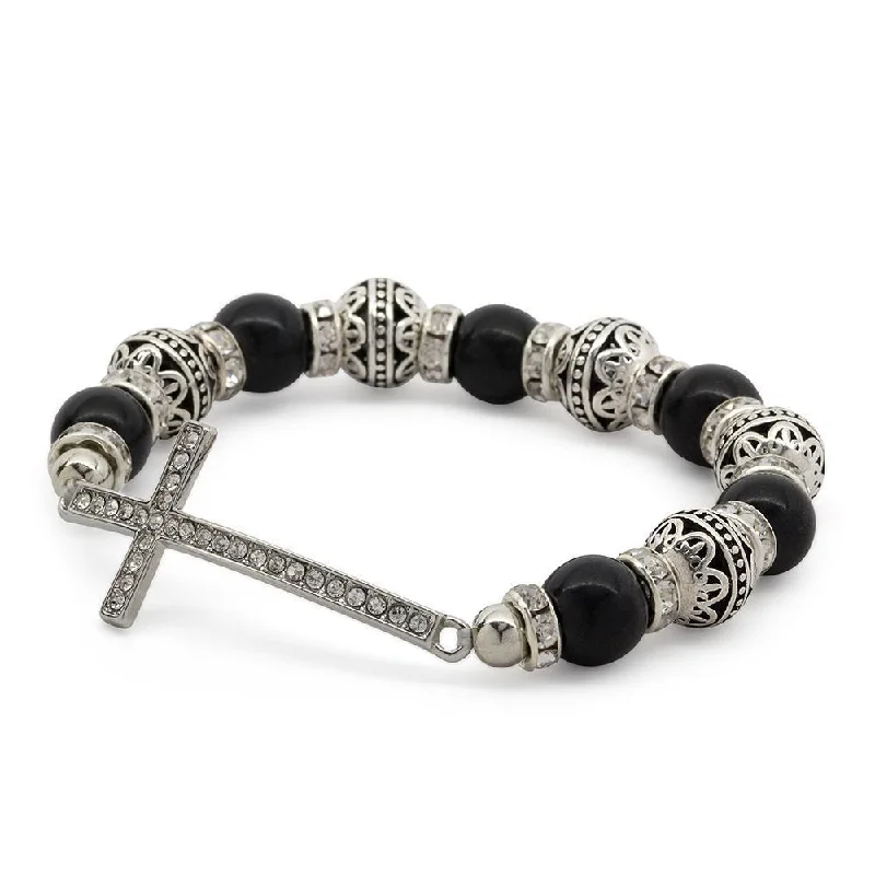 women pearl bangles -Stretch Bracelet Cross - Two Tone Black and Silver Tone