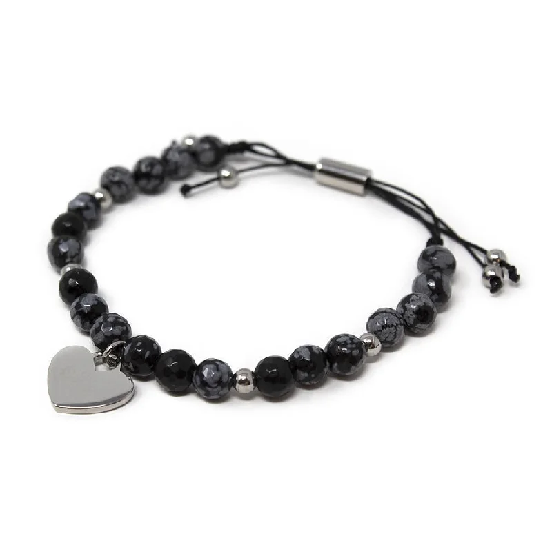 women pearl bangles -Stainless Steel Black Bead Slider Bracelet with Heart Charm