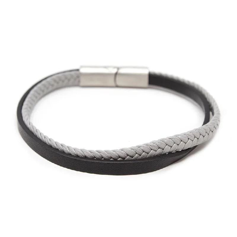 women gold bangles -Stainless Steel Two Row Braided Leather Bracelet Black and Grey