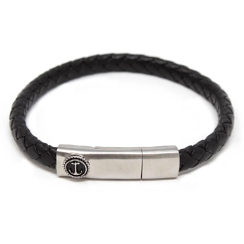 women thin bangles -Stainless Steel Black Braided Leather Bracelet with Anchor