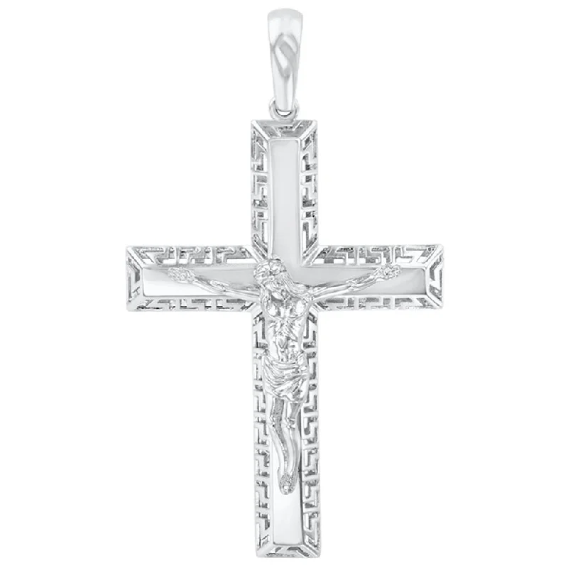 women vintage-style necklaces -14K White Gold Large Cross Greek Key Pattern Crucifix Pendant