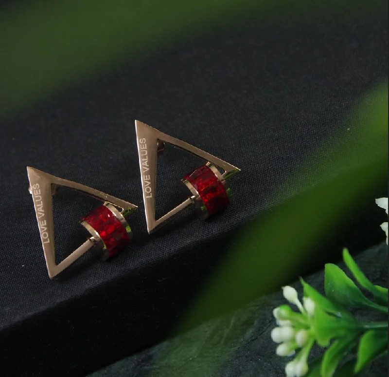 women bridal earrings -Tarohi JewelsStainless Steel Rosegold Plated Triangle Shaped Red Coloured Ring Drop Earring-STNER 2878