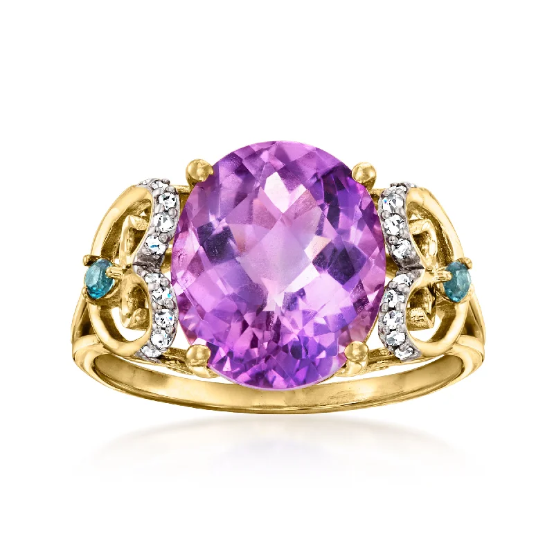 modern engagement rings -Ross-Simons Amethyst Ring With . London Blue Topaz and Diamond Accents in 14kt Yellow Gold