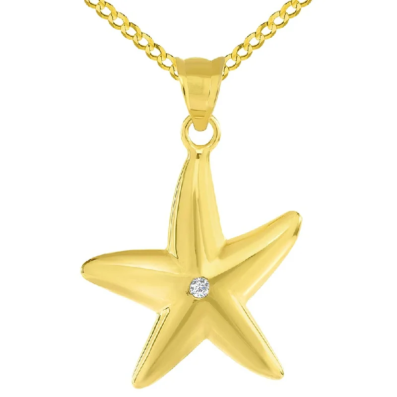 women infinity necklaces -14k Yellow Gold High Polish Cubic Zirconia Studded Starfish Pendant with Curb Chain Necklace