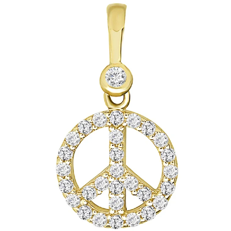 women luxury gold necklaces -Solid 14k Yellow Gold Mini Peace Symbol Charm Pendant with Cubic Zirconia