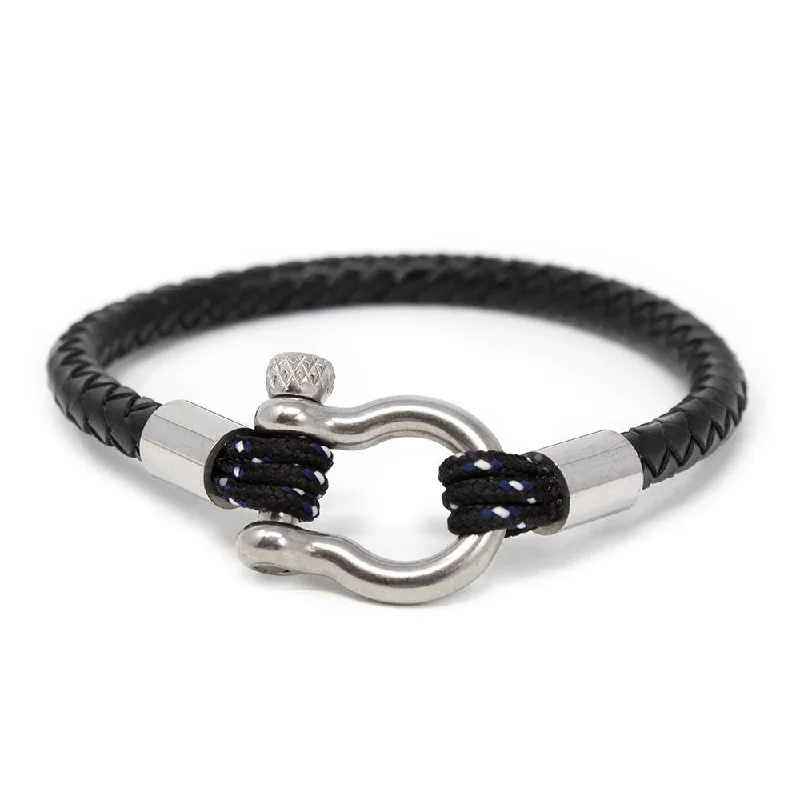 women oval bracelets -Men's Braided Leather Bracelet with Silver Tone Shackle Black Large