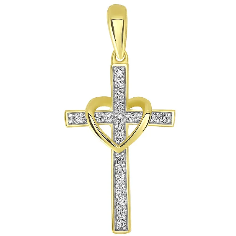 women golden flower necklaces -14k Yellow Gold Cubic Zirconia Studded Heart Cross Pendant