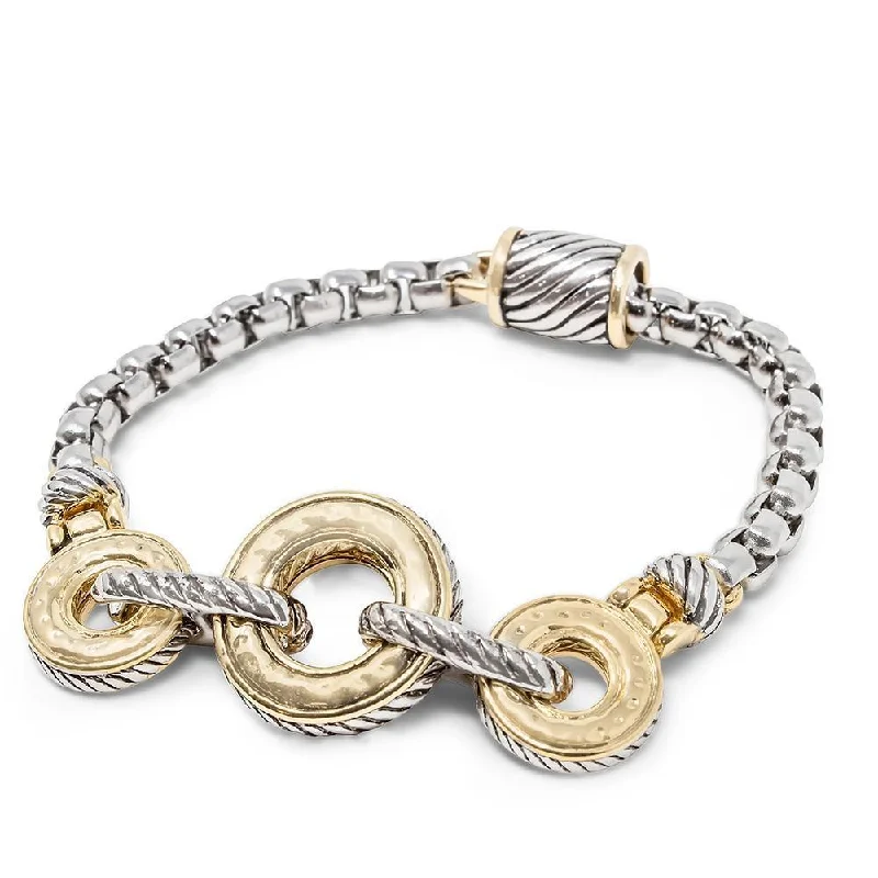 women pearl chain bracelets -Two Tone Hammered Rings Box Chain Bracelet