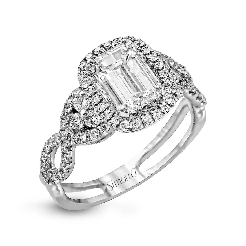 wedding ring and engagement ring sets -Emerald-Cut Halo Engagement Ring In 18k Gold With Diamonds